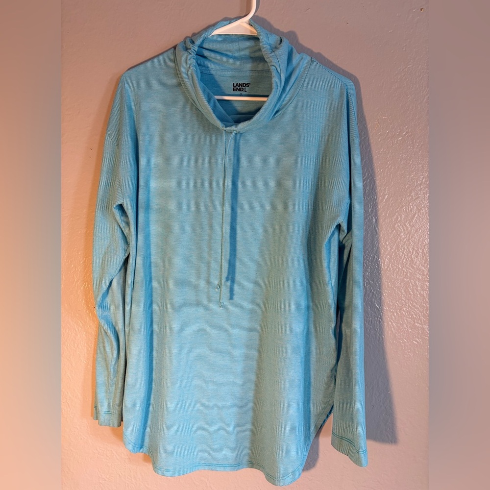 Lands' End‎ Teal Striped funnel neck tunic. Lightweight. SZ M